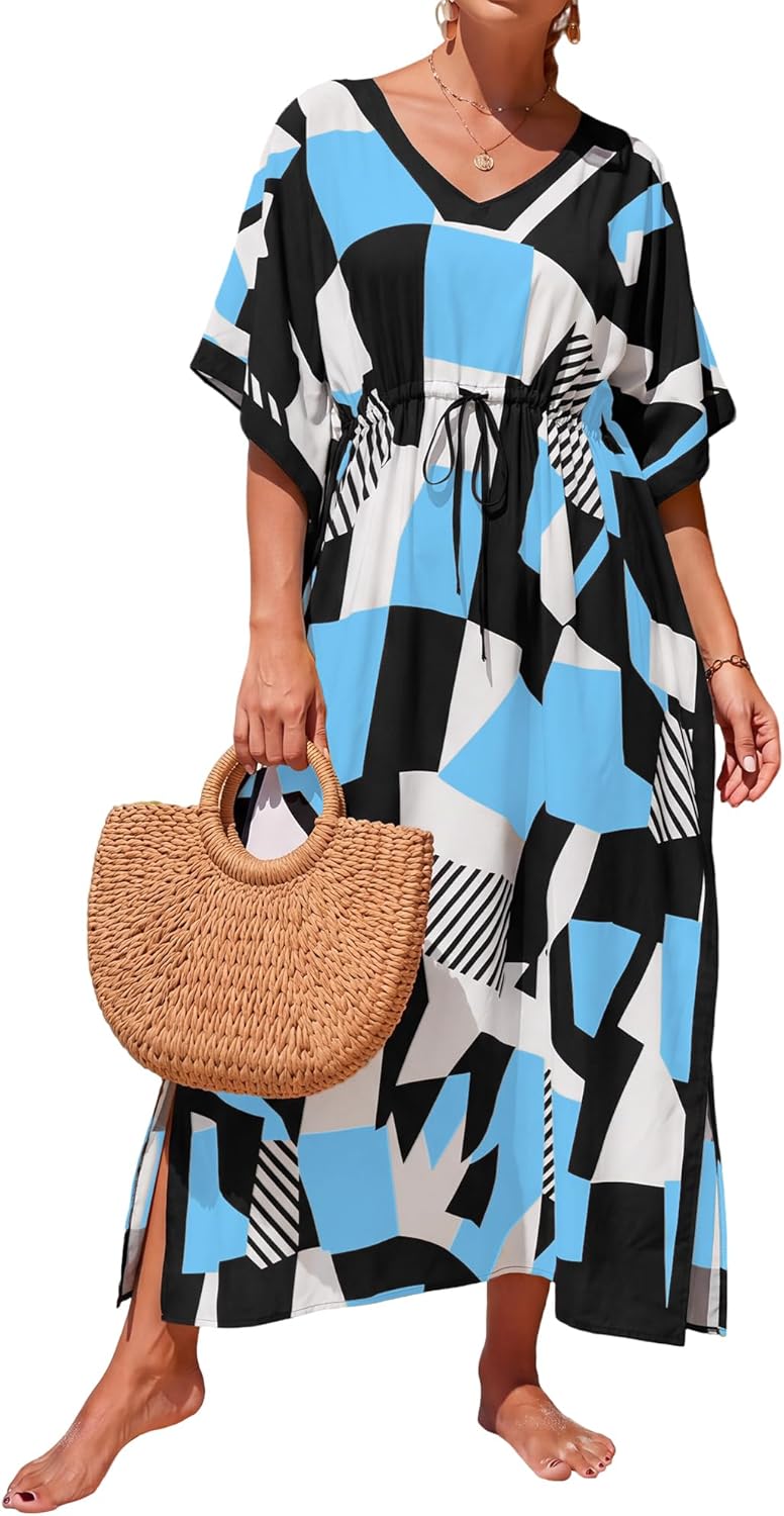 Bsubseach Kaftan Dresses for Women Plus Size Swimsuit Coverup Batwing Sleeves Beach Cover Up with Drawstring Beach Dresses