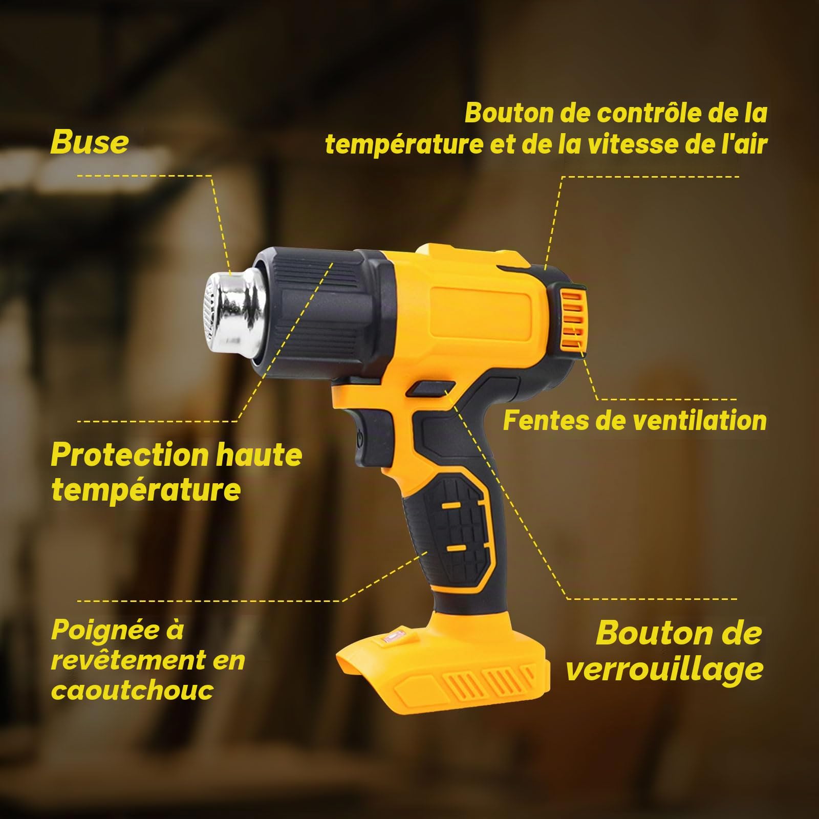 Pistolet thermique sans fil pour batterie Dewalt 20 V, pistolet à air chaud 50 ℃ à 550 ℃ avec affichage numérique, chauffage rapide, température et débit d'air réglables avec 5 buses