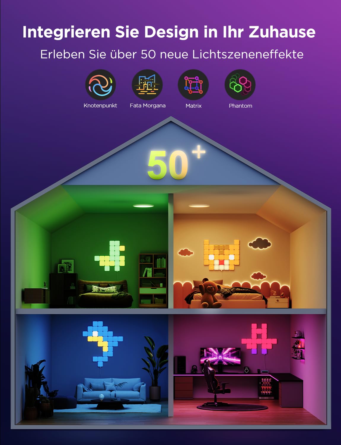 Govee Mini Panel Lights, RGBIC Wandpaneele, Musikmodi, DIY-Modus 20er-Pack | funktioniert mit Matter, Alexa, Google Assistant, 50 Szenenmodi LED-Wandpaneele für Spielzimmer, Schlafzimmer, Wohnzimmer