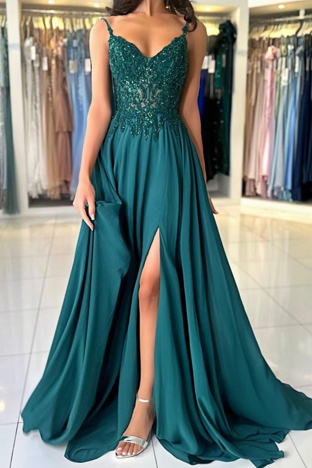 Damen Chiffon Ballkleider Lang V-Ausschnitt Spitzenapplikationen Brautjungfernkleid mit Schlitz Spaghettiträger Perlen A-Linie Abendkleider
