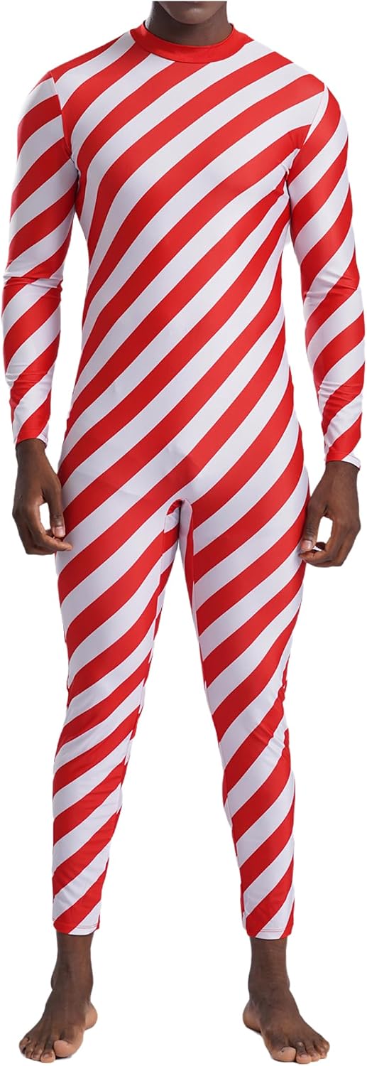 Mens Candy Cane Striped Leotard One Piece Full Bodysuit Jumpsuits Christmas Cosplay Fancy Dress