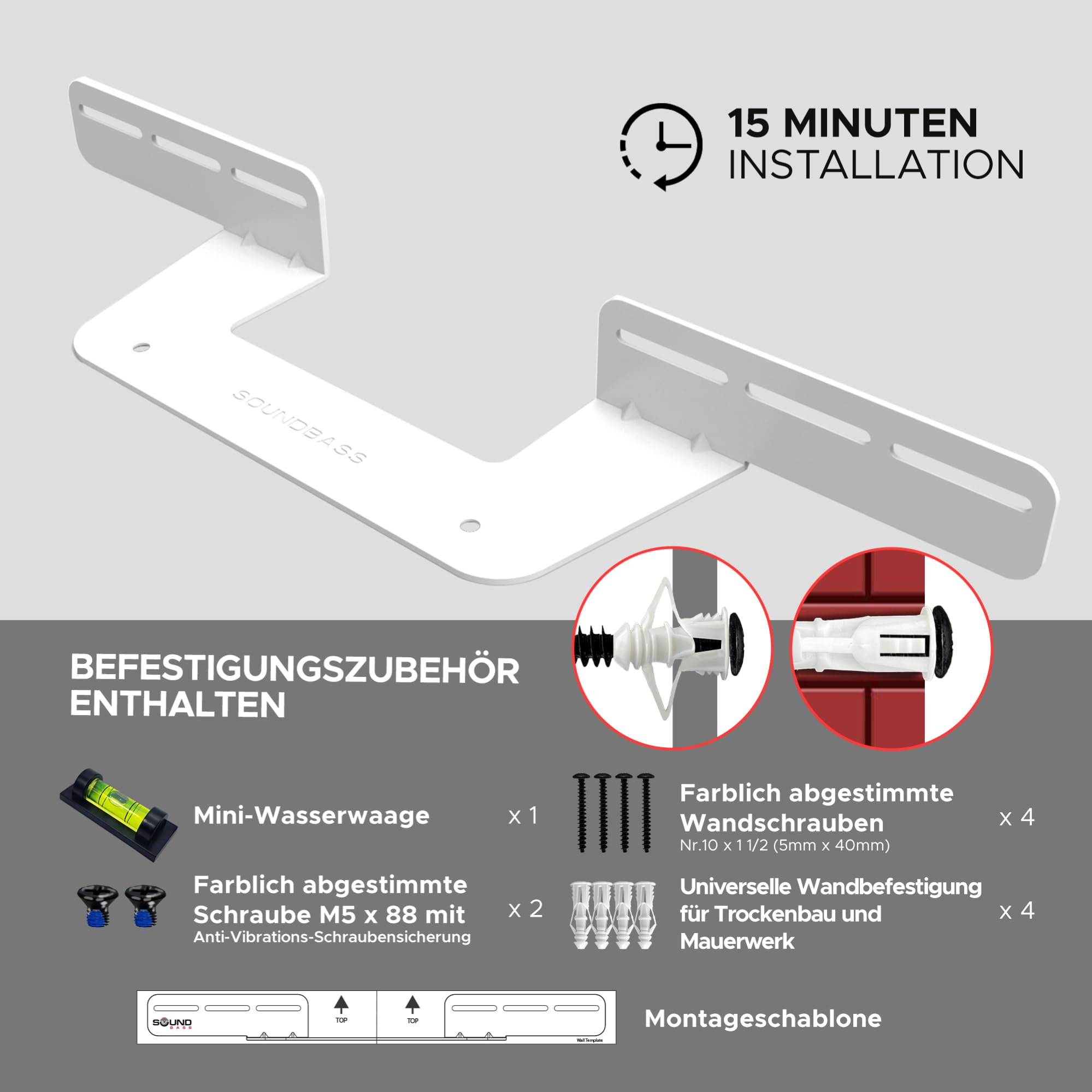 Sound bass Soundbar-Halterung für Sonos Beam, Kompatibel mit Generation 1 & 2 Sonos Beam Soundbar, Inklusive sämtlichem Montagematerial, Halterungsbügel, Weiß