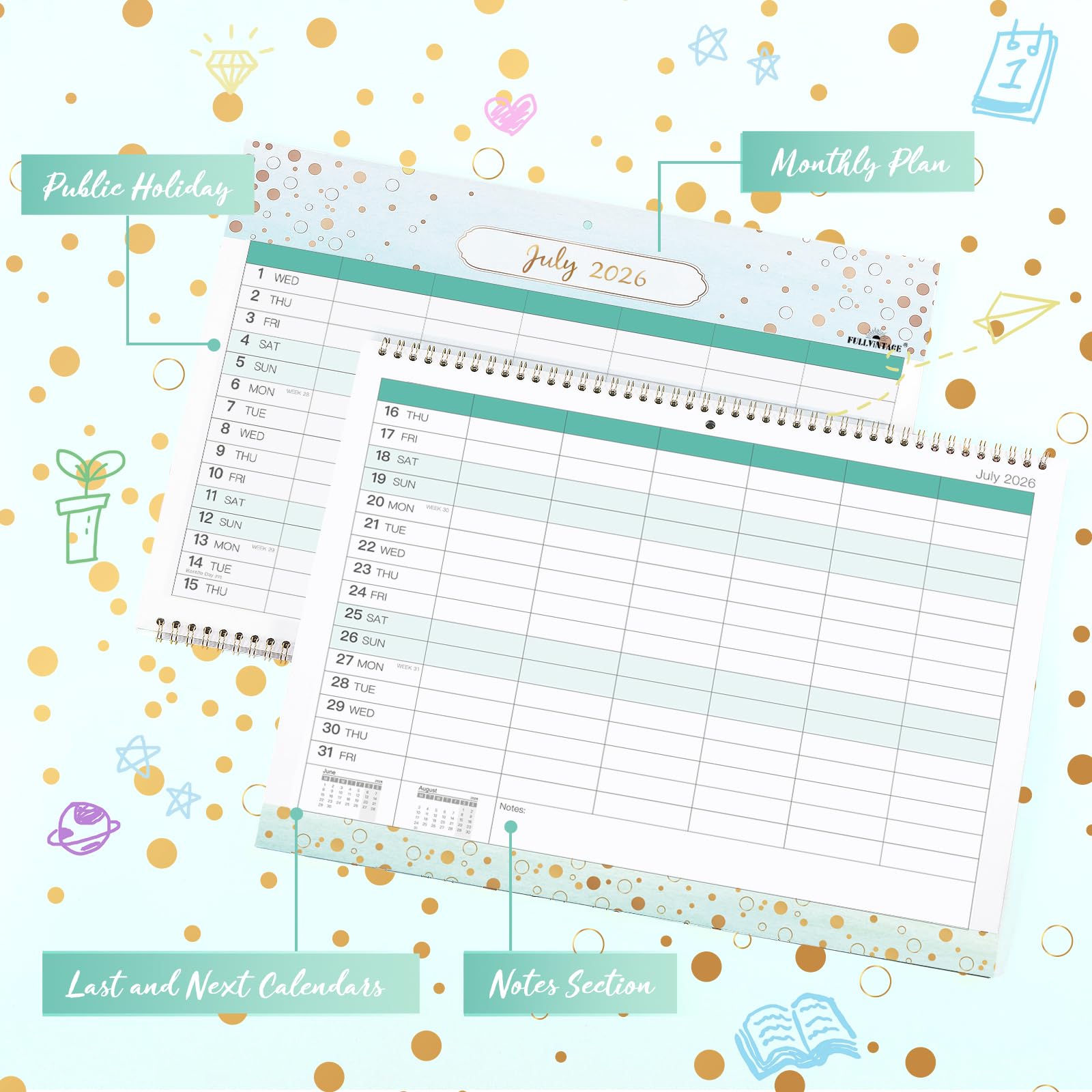 Calendario Familiare 2026 - Calendario 2026 da gennaio 2026 - dicembre 2026, 42,2 x 29,7 cm, Calendario da Parete 2026 con 6 Colonne, Perfetto Pianificatore Familiare - Verde Pastello