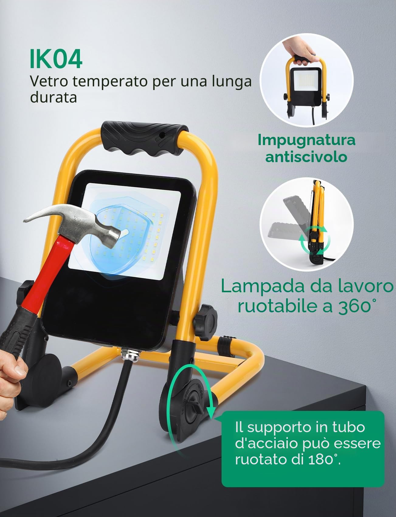Aigostar Faro da Cantiere 30W, IP65 Impermeabile, Faretto Led da Cantiere con Spina, 6500K Bianco Brillante per Esterno, Lavori, Giardini e Garage, Rotazione 360°, portatile 4 pcs（Senza supporto）