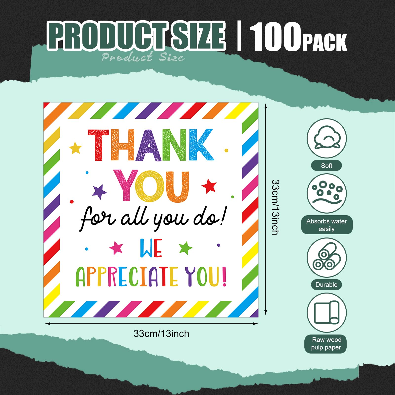 Chiisong 100 Pieces Thank You Napkins We Appreciate You Napkins Decorations Employee Teacher Doctor Volunteer Appreciation Decorations(Colorful Strips)
