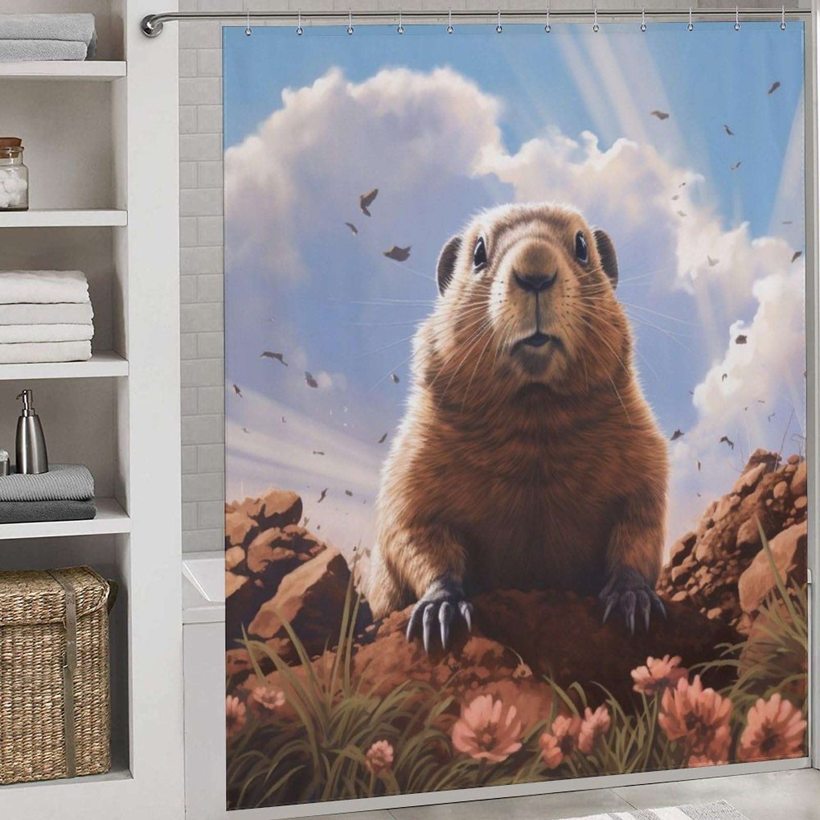 Rideau de baignoire marmotte lavable pour éviter les inondations de salle de bain