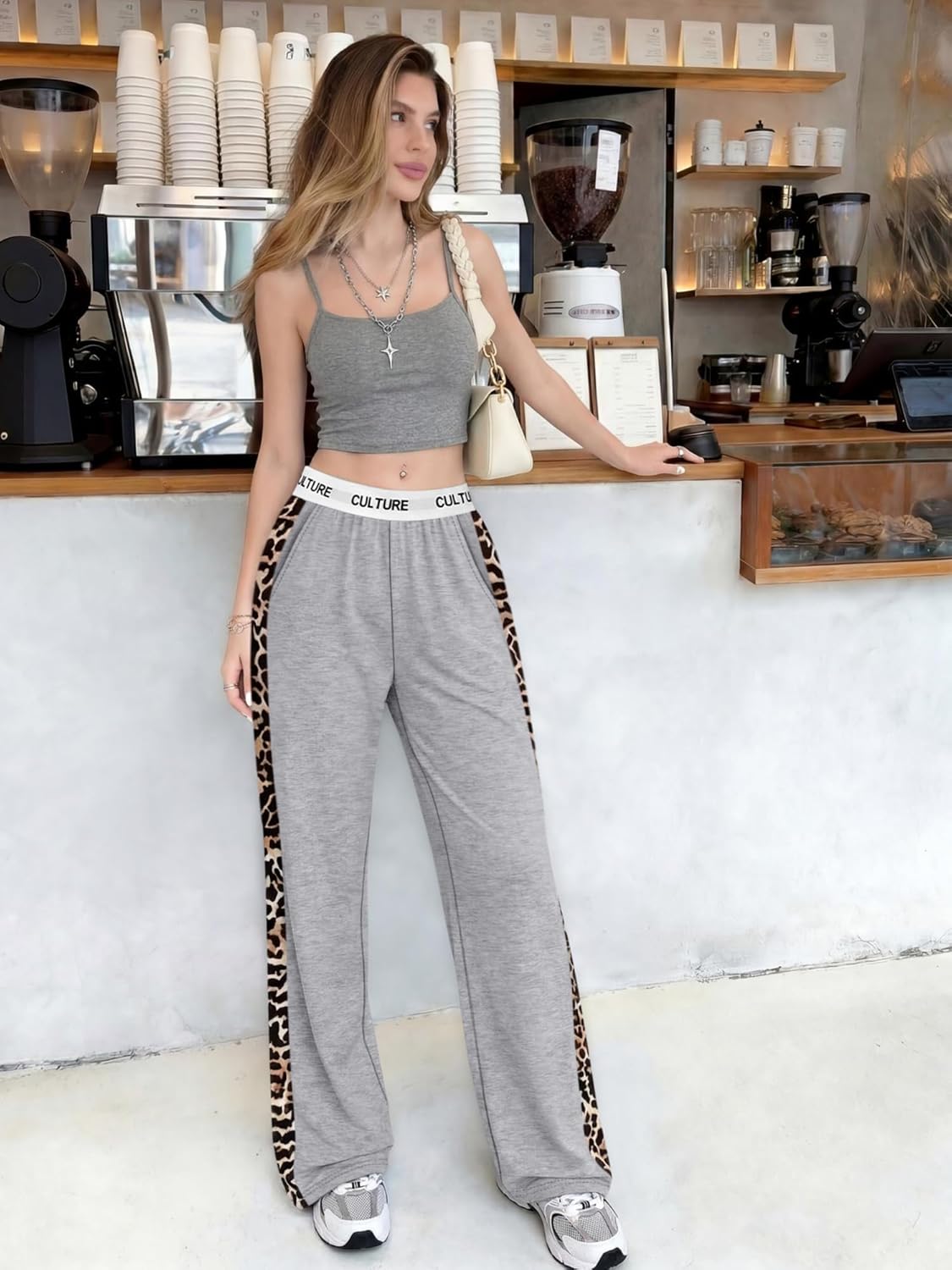 Women Baggy Pants Leopard Print Block Side Teen Wide Leg Open Bottom Sweatpants Y2K Elastic Waist Trousers