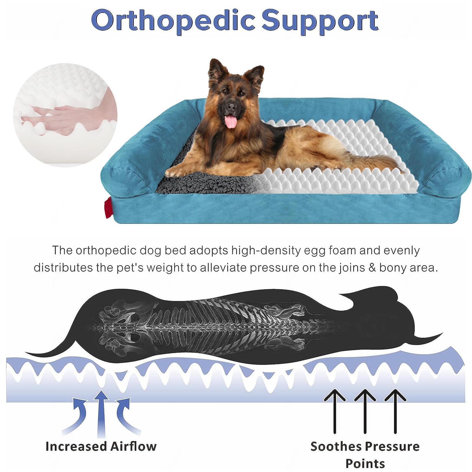 Cuccia Ortopedica Cane, con Tre Lati Rialzati Ortopedico Lettino per Cani in Memory Foam, Rivestimento Rimovibile e Lavabile Brandina per Cani,L