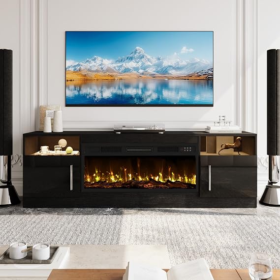 BOSSIN Fireplace TV Stand with 36 inch Fireplace Up to 80 TVs,LED Light Entertainment Center with Highlight Storage Cabinet for Living Room