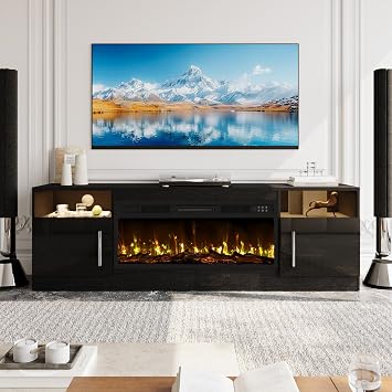 BOSSIN Fireplace TV Stand with 36 inch Fireplace Up to 80 TVs,LED Light Entertainment Center with Highlight Storage Cabinet for Living Room