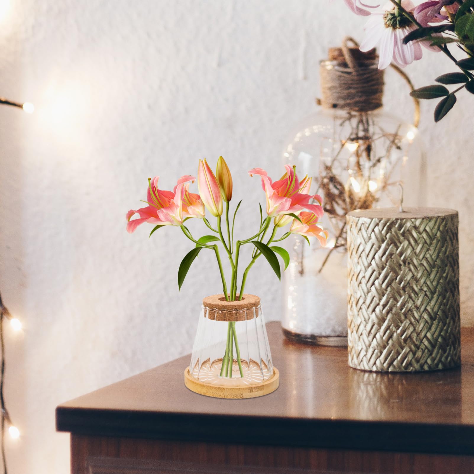 Mikikit 3ensembles Vases De Propagation Verre avec Plateau De Bouteilles Hydroponiques pour Plantes Intérieur Décoration De Bureau avec Liège Et Textures Variées