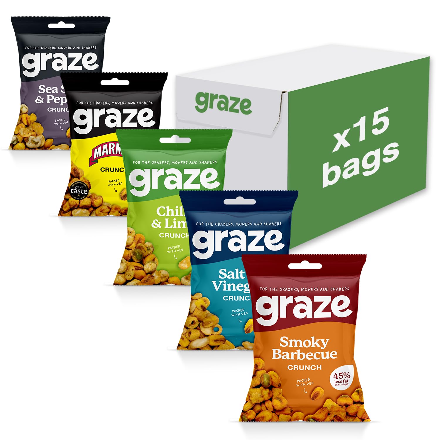 Graze - Savoury Snacks Selection Box - Healthy Snacks Alternative to Crisps, Mixed Nuts & Pretzels -Marmite, BBQ, Chilli&Lime, Salt&Pepper, Salt&Vinegar - 15 x 35g bags