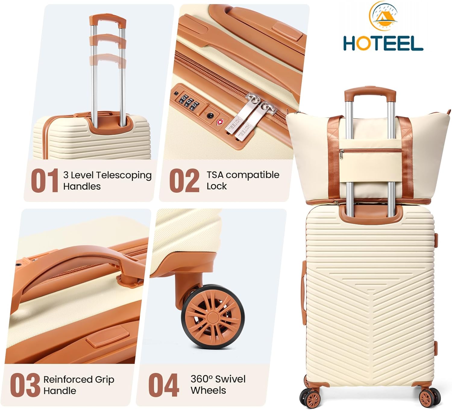 Hoteel luggage Sets 6 Piece Carry on Luaagae Suitcases with Spinner Whells & TSA Lock (4-YEAR WARRANTY), Carry on Suitcase ABS+PC Hard Shell Travel Suitcases (13in/20in/24in/28in/DB/TB, Beige)