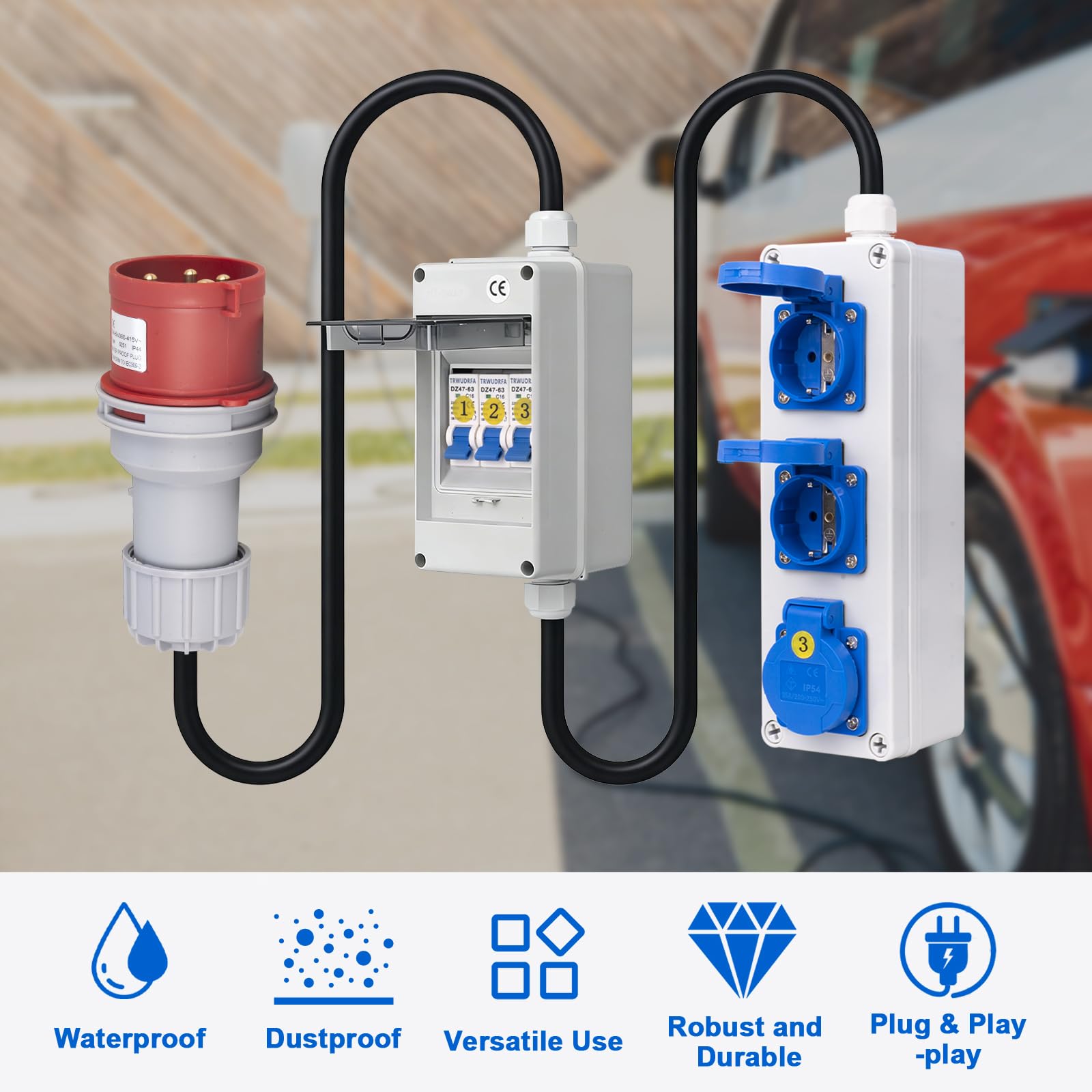 Adaptateur CEE 380 V vers 220 V – Adaptateur courant fort 5 broches 32 A Fiche CEE – Répartiteur IP54 avec 3 prises Schuko 16 A – Boîte à fusibles IP65 avec 3 disjoncteurs 16 A – Câble
