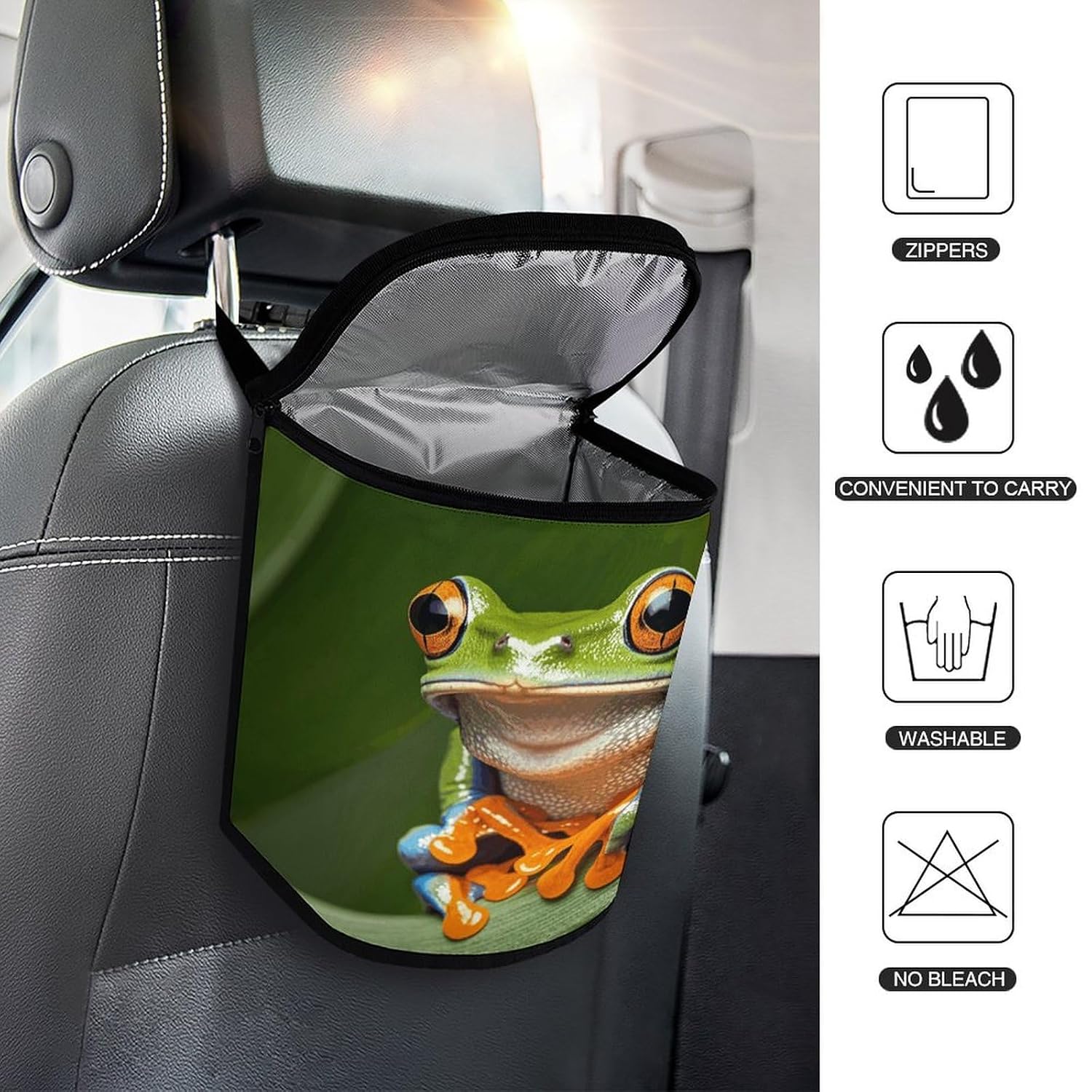 Peace Tree Frog Car Trash Can Bin Bag Waterproof Car Garbage Can Bag Trash Can for Car Car Trash Can for Women Men Garbage Can for Car Car Trash Can with Lid Trash for Car Trucks Rvs