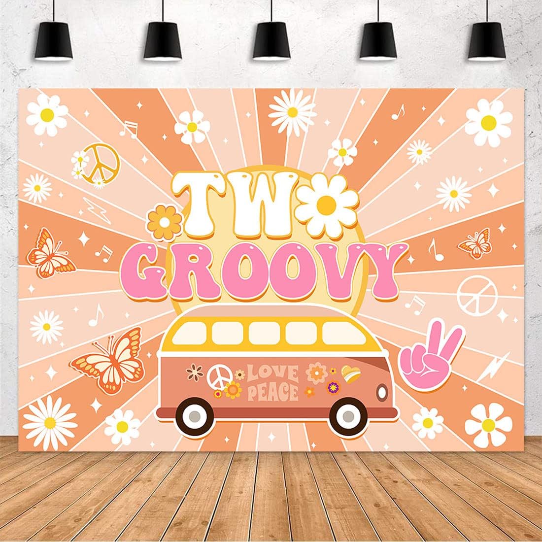 Avezano Two Groovy Birthday Backdrop Retro Hippie Groovy Banner 70's Hippie 2nd Birthday Party Decoration Supplies (7x5ft)