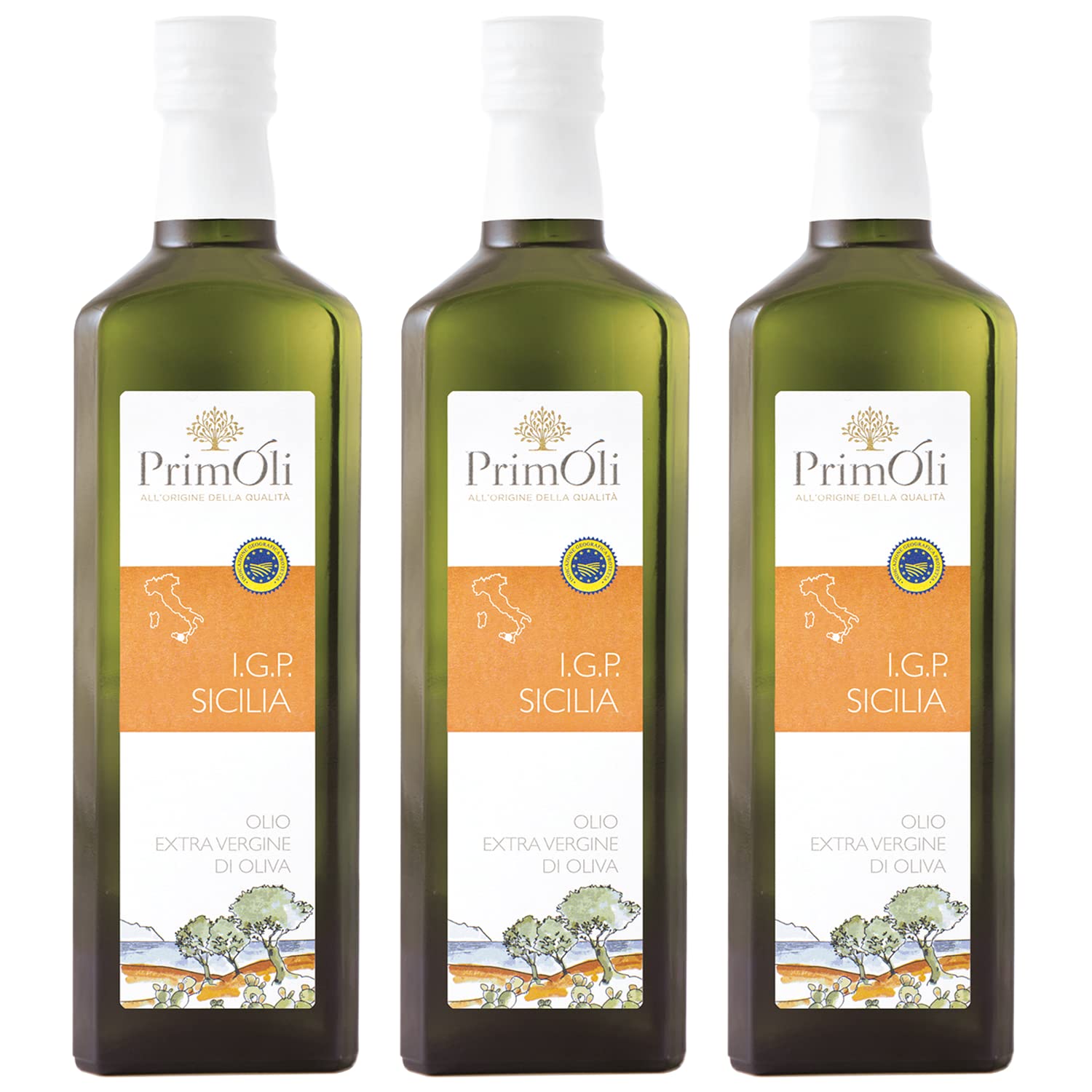 PrimOli Kaltgepresstes Olivenöl I.G.P. SICILIA von der italienischen Insel Sizilien, fruchtig, ideal zu Gemüsesaucen, gegrilltem Fisch und Frischkäse wie Ricotta, 3x500 ml