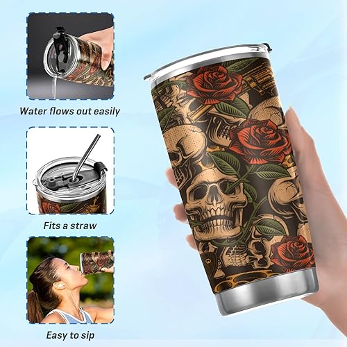 Miniatura 6 de MCHIVER Skulls Guns Roses - Vaso de viaje de 20 onzas, taza de café de acero inoxidable con doble pared, con tapa y popote aislado, sin BPA