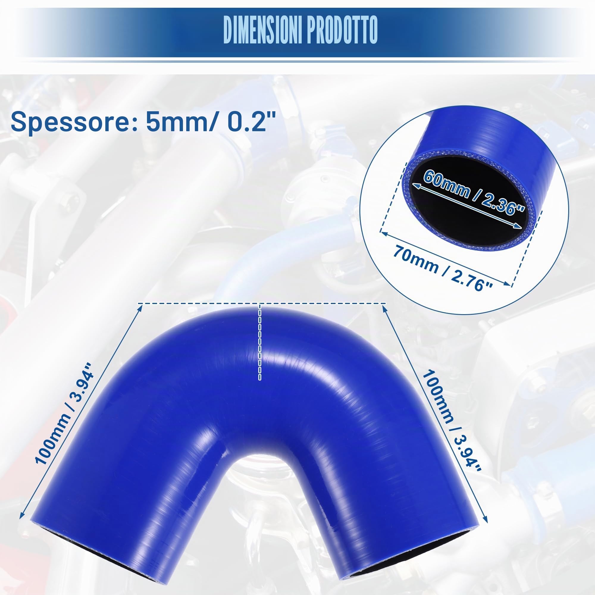 QUARKZMAN Tubo Silicone Universale 60mm 2.36" ID 135°C Blu 1pc Per Auto | Diametro Esterno: 70mm, Spessore: 5mm, Lunghezza: 100mm, Temperatura: -60°C~300°C, Prodotto Universale