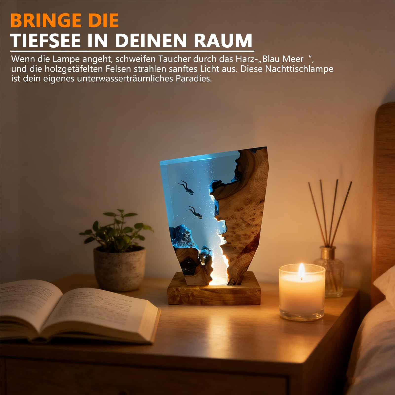 Marine Statue Dekoration Lampe,Harz-Ozean-Lampe,3D Ozean Figur Harz Statue Ornamente mit Holzsockel,Tiefsee-Höhlentauchen-Nachtlicht für Zuhause,Deko Weihnachten Geburtstag Geschenke (8*5in)