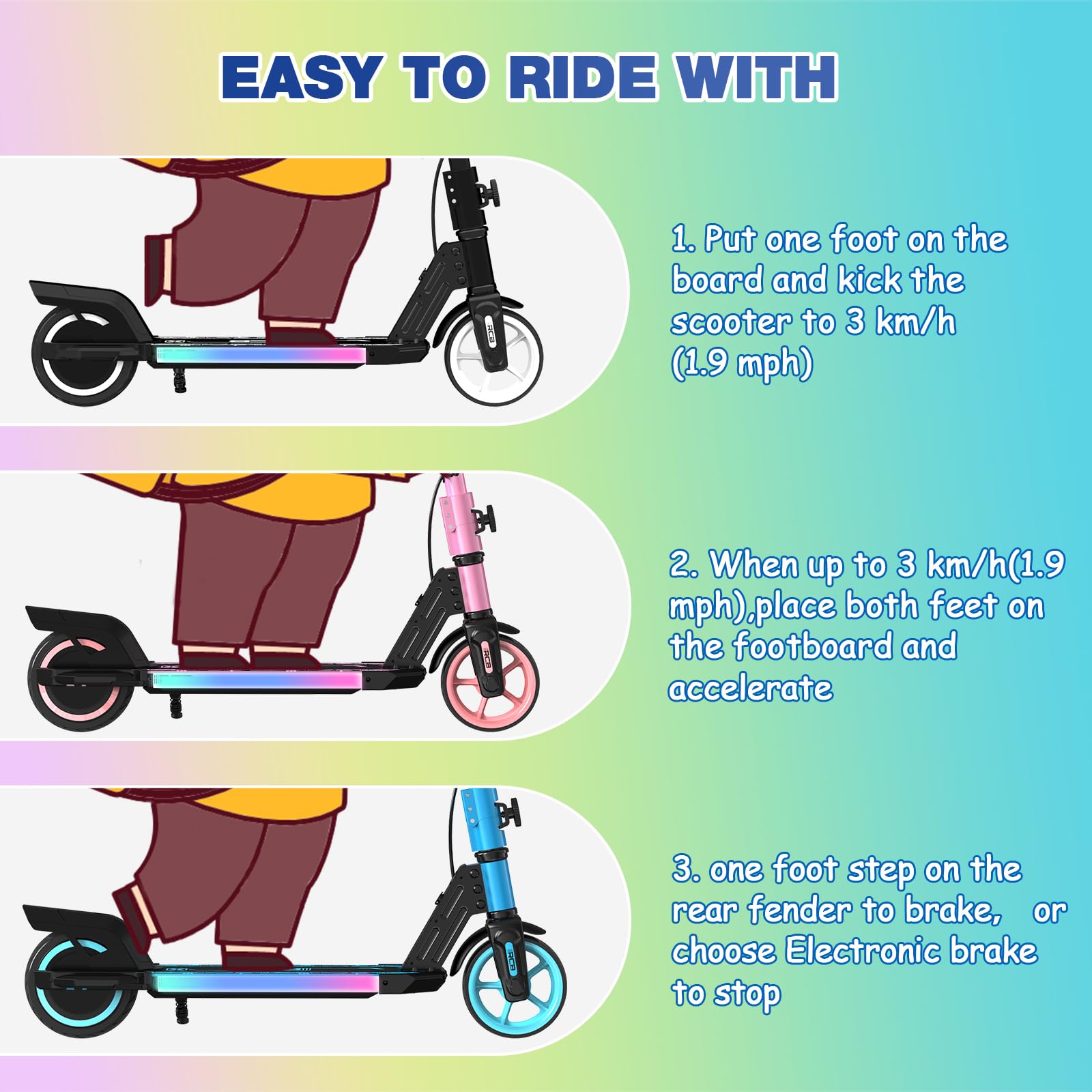 RCB R12 Monopattino Elettrico per Bambini 6-12 Anni, Max 15Km/h & 10 km, Luce LED Arcobaleno, 6,5" Pieghevole E-Scooter,Display a LED, Velocità Regolabili, Regalo per Bambini
