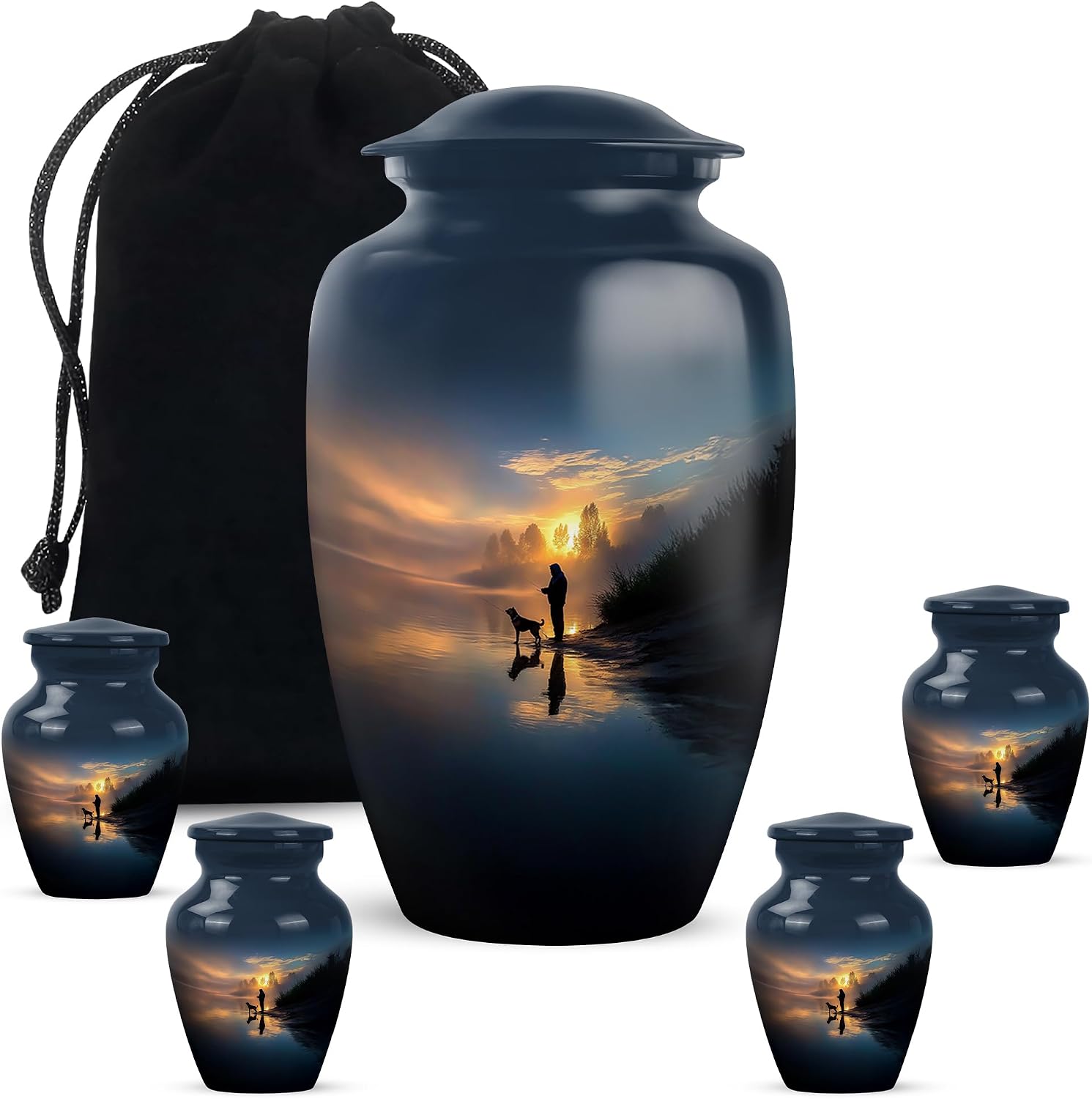 Fishing Funeral Urns for Adult Male - Large Purple Cremation Urns 1 Large 4 Keepsake - Blue Memorial Urn for Ashes for Women - Burial Adult Male Urn for Ashes - 10 & 3 Inch