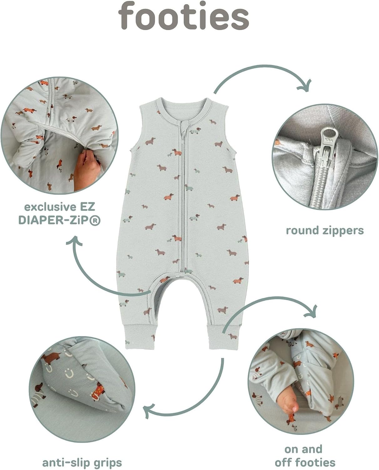 GUNAMUNA Baby Footie Sleep Bag, Walkable Wearable Blanket, Easy Diaper Zipper, Convertible Foot Cuffs, Anti-Slip Grip, 1.0TOG