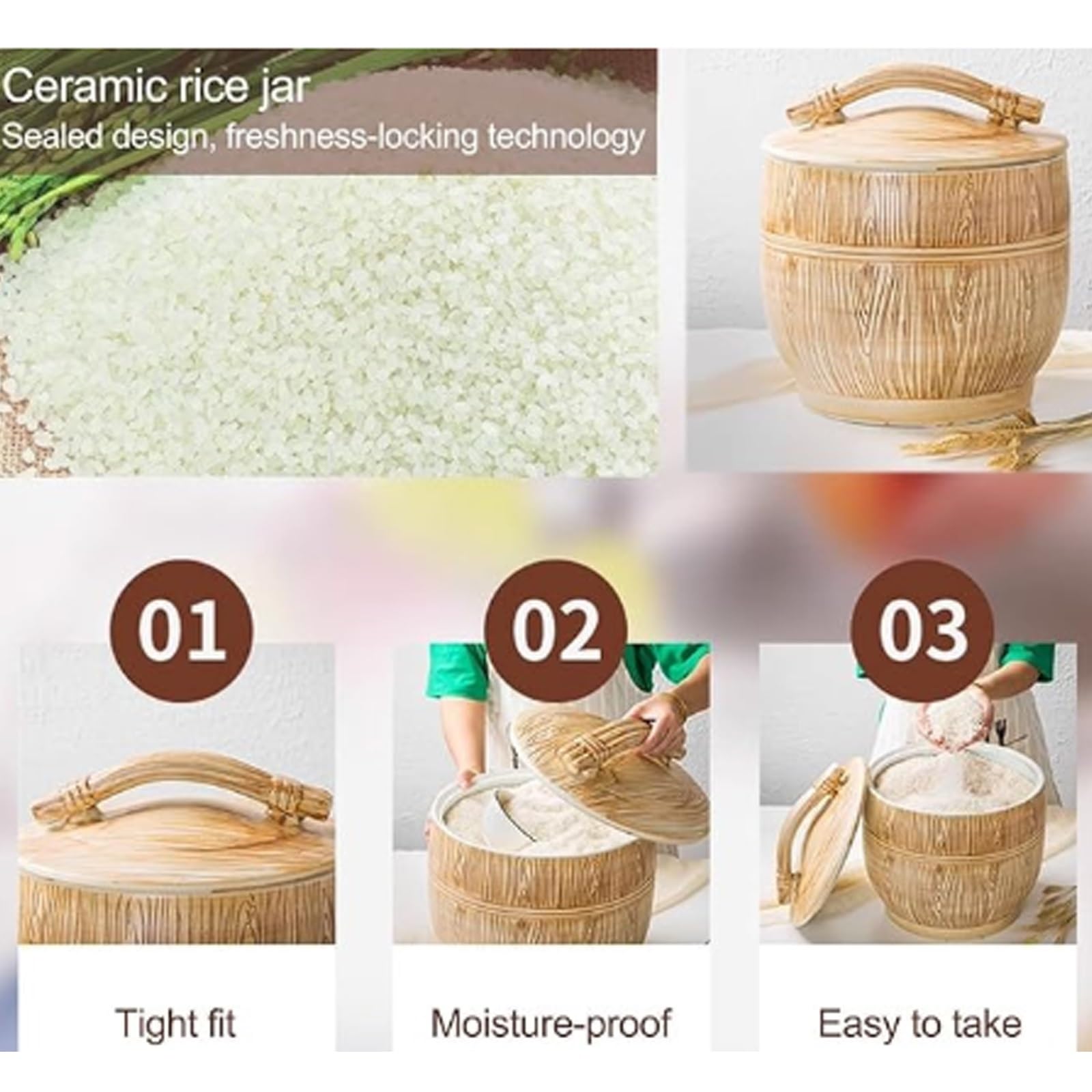 Secchio per Riso ermetico Contenitore per Riso con Coperchio Contenitori per Alimenti in Ceramica Cilindro per Riso in Ceramica con Coperchio Barattolo Cinese Decorativo in Ceramica(15kg)