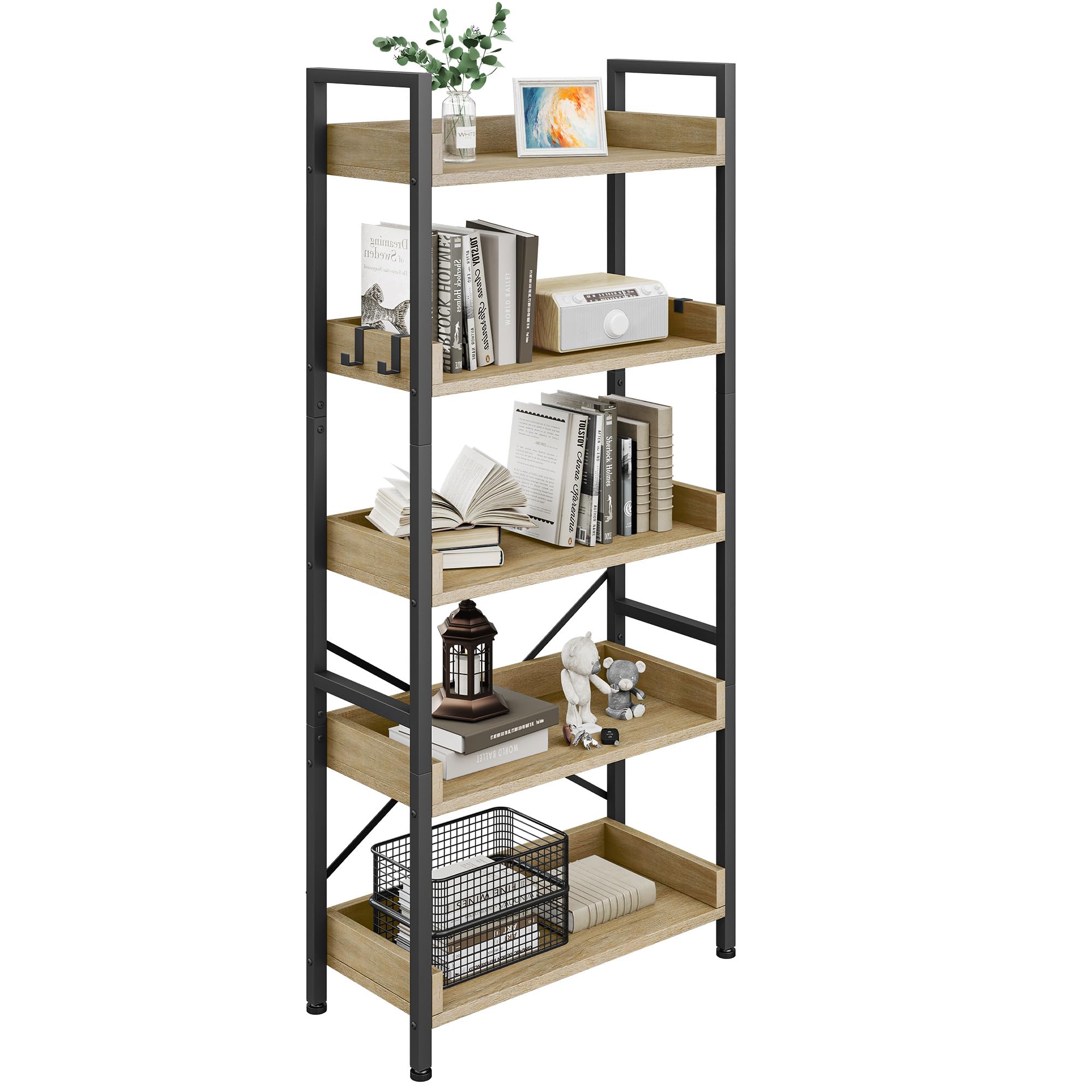 YITAHOME 5-Tier Bookshelf, 64cm Width Wood and Metal Industrial Bookcase