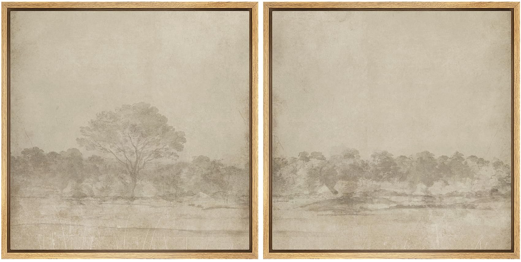SIGNFORD Framed Canvas Print Wall Art Set Vintage Sepia Forest Landscape Neutral Toned Tree Scene Illustrations Modern Art Minimal Relax/Calm for