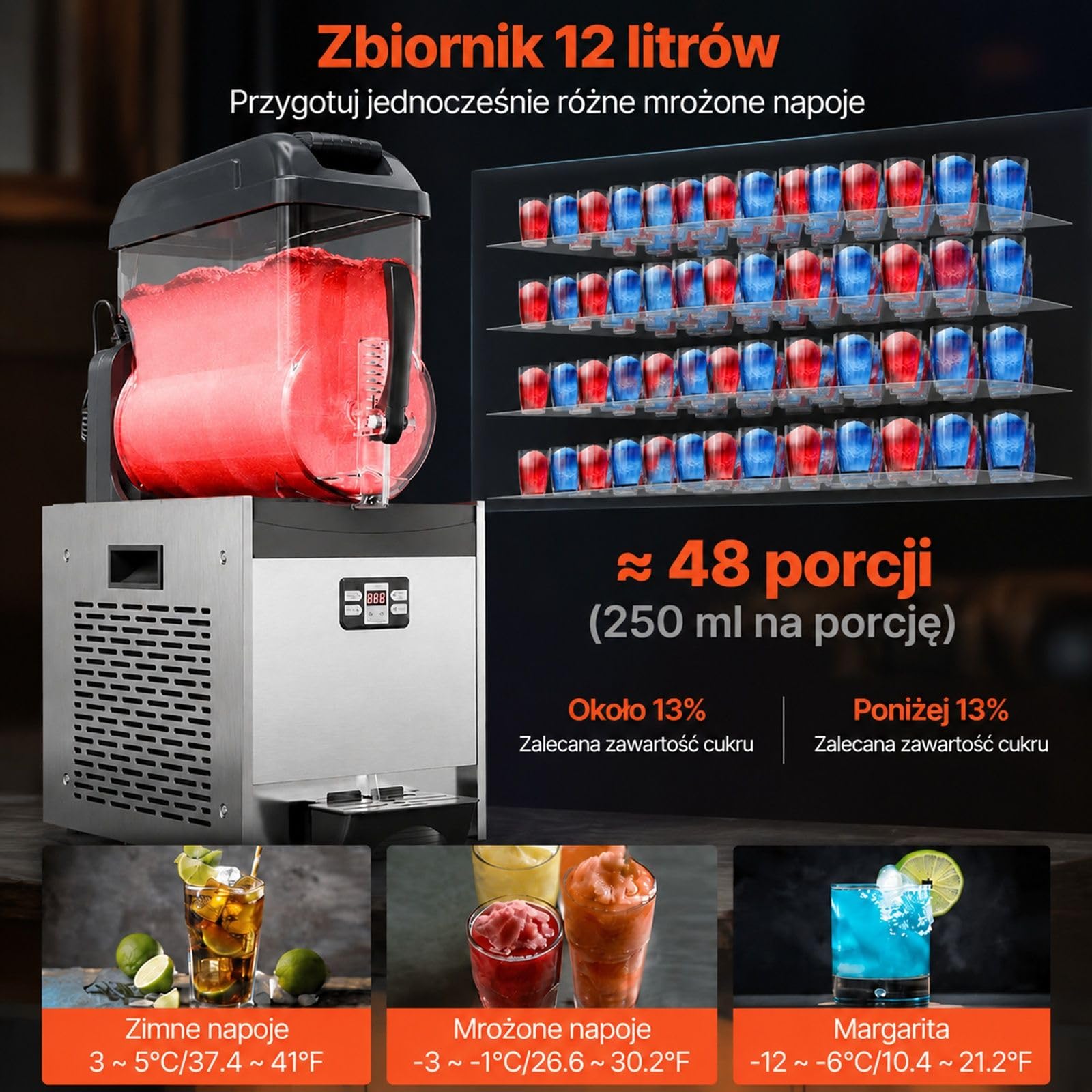 Komercyjna maszyna do lodu kruszonego 12 l, 48 filiżanek, pojedynczy zbiornik, stal nierdzewna, czarna, z klawiaturą, do restauracji, kawiarni, barów