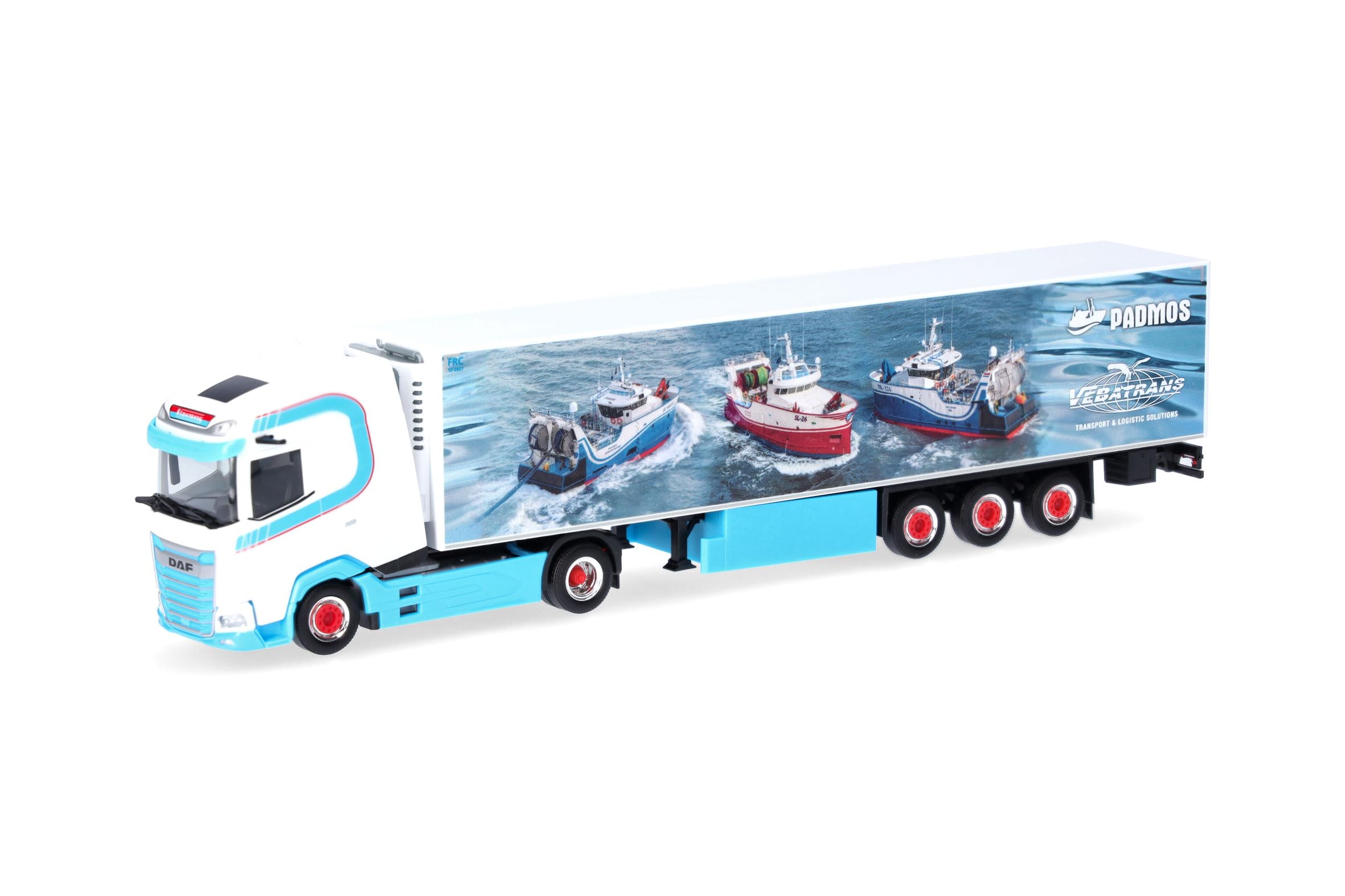 Herpa Truck Model DAF XG+ Refrigerated Box Semi-Trailer "Vebatrans" (Netherlands/Urk), miniature in 1:87 scale, collector's item, Made in Germany, plastic