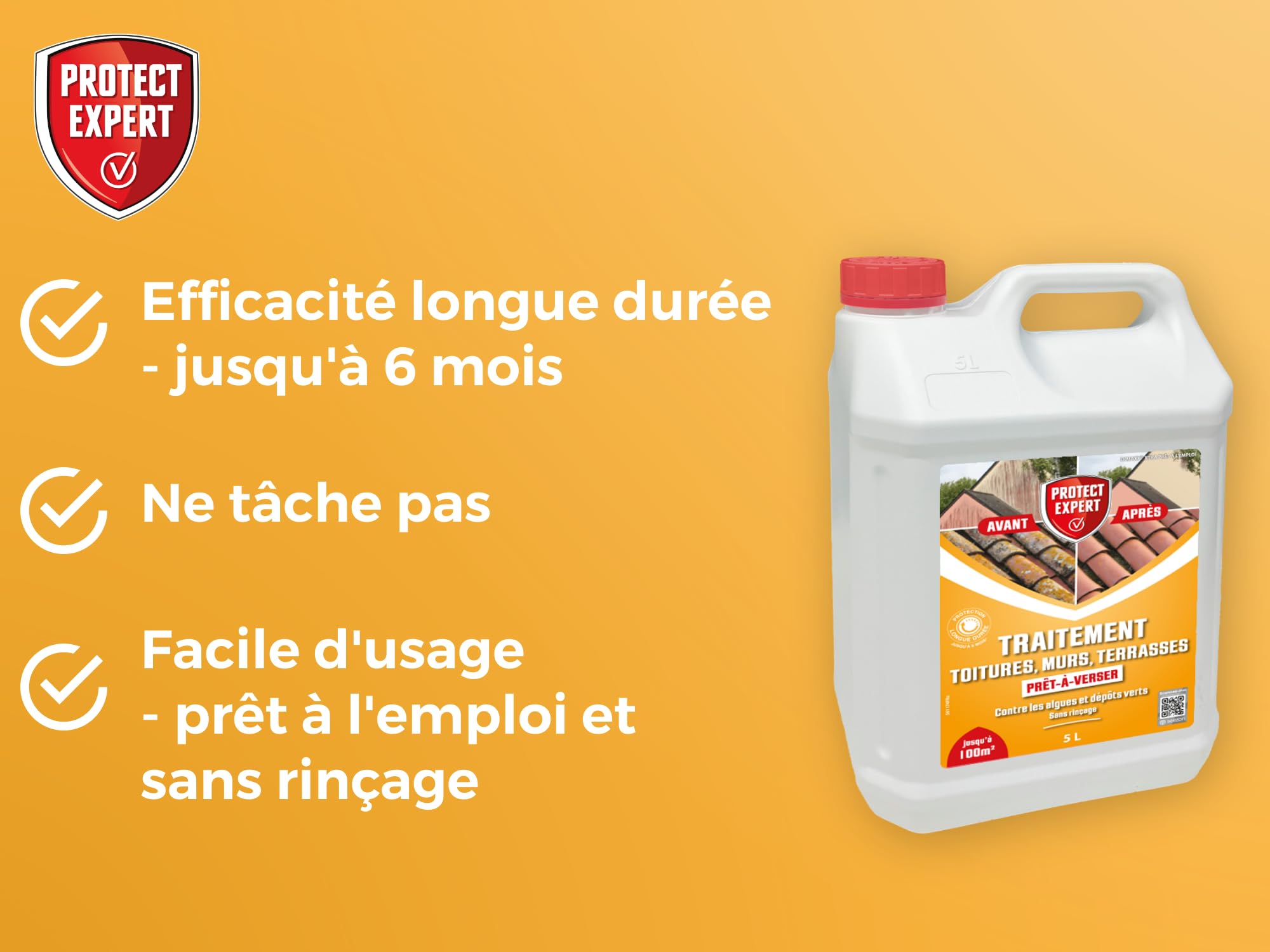 Protect Expert Traitement Terrasses Toitures & Murs - Contre Les Algues Lichens & Dépôts Verts - Prêt-À-Verser - 5L - Double Action - Préventif & Curatif AMTPB5N
