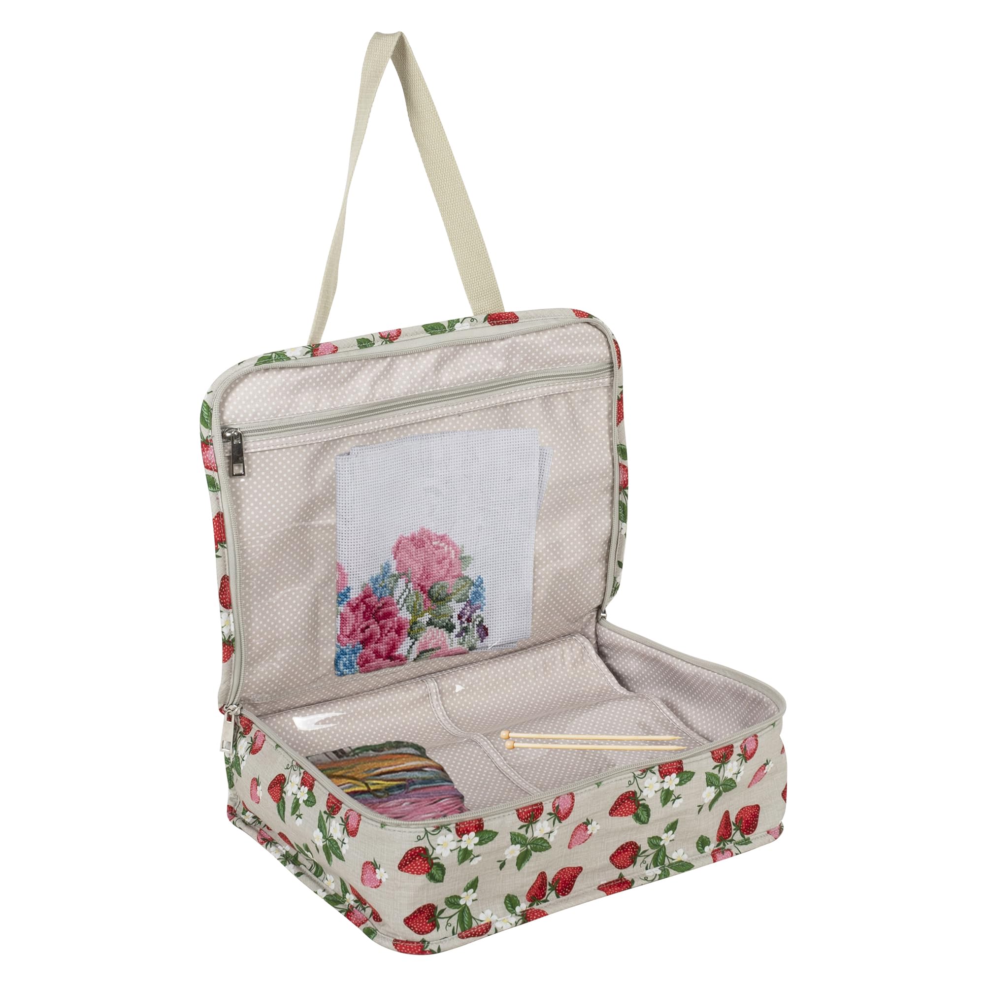 Hobby Gift Exclusive Project Case – Sewing & Yarn Storage, Craft & Knitting Bag for Classes & Travel, 3 Plastic Pocket Inserts for Accessories & Organising – 100% Cotton 34 x 28 x 12cm - Strawberries