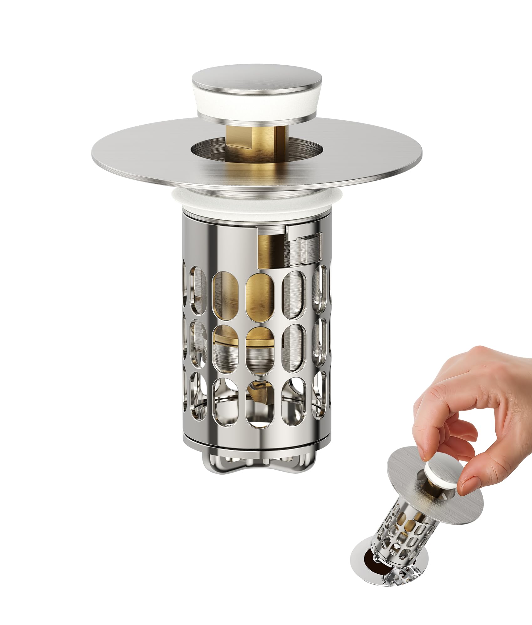 QYHNYJF Upgraded Bathroom Sink Stopper with Hair Catcher - Universal Pop-Up Drain Plug, Stainless Steel &amp; Silicone Seal for 1.1-1.5 Inch Drains,Brushed Nickel Finish (Brushed Nickel)