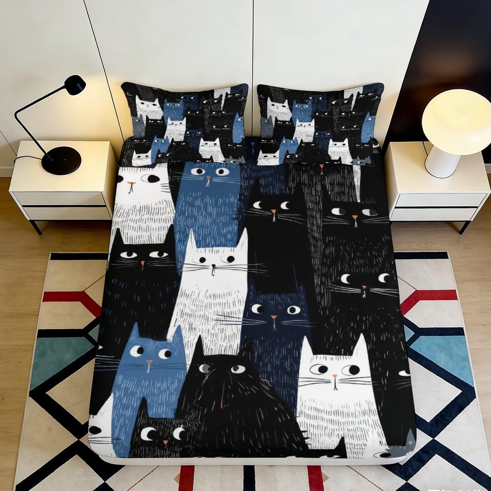 Uynsixtme Style-5 3D Printed Cartoon Cat Fitted Sheet Microfiber Deep Pocket Bedding Set Bedroom Cartoon Cat Mattress Fitted Cover Full Wrap Non-Slip Washable 90X200x25cm