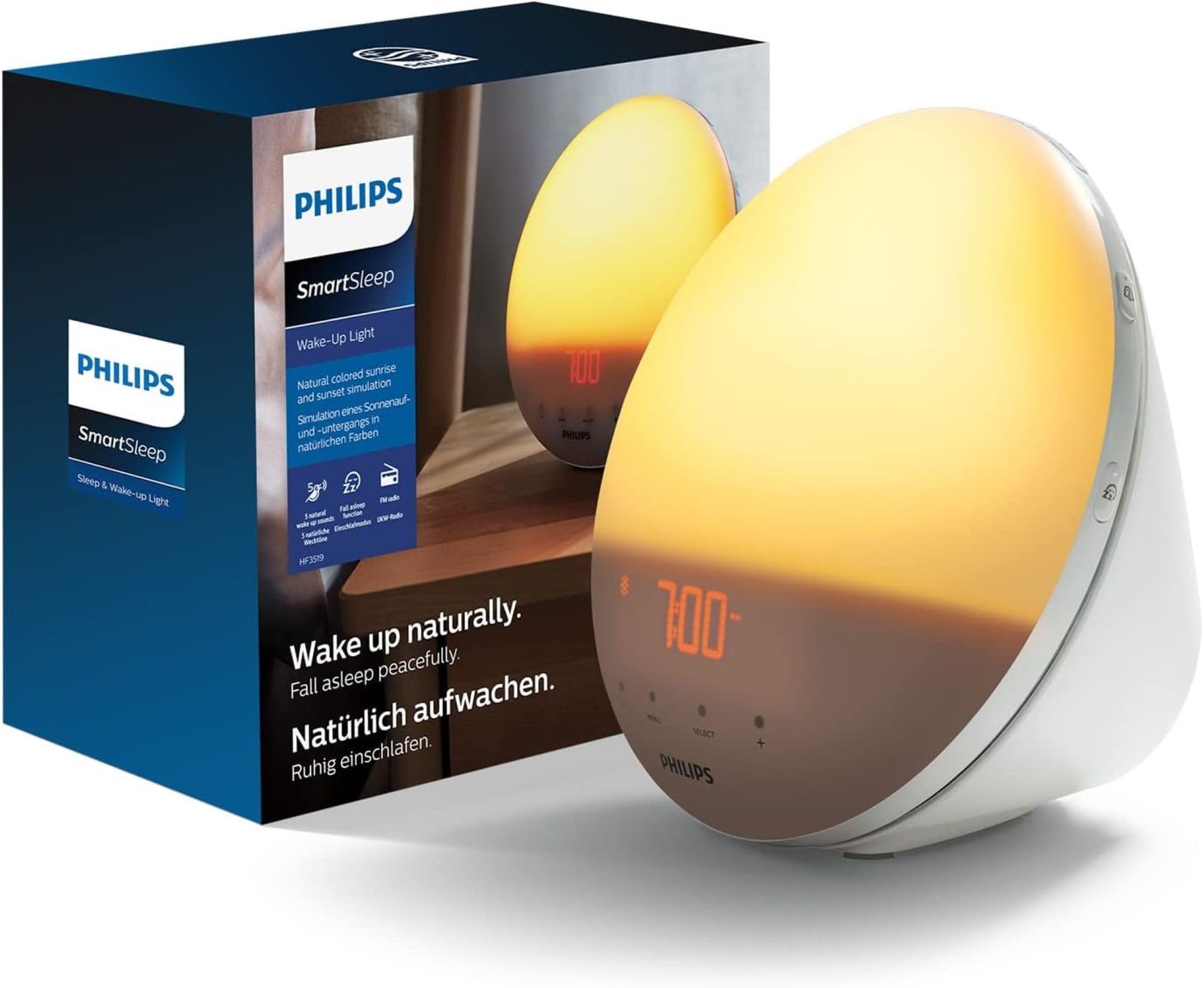 Philips Eveil lumière, Fonction Lever du soleil, 5 sons naturels, Radio FM numérique, Blanc (modèle HF3519/​01)