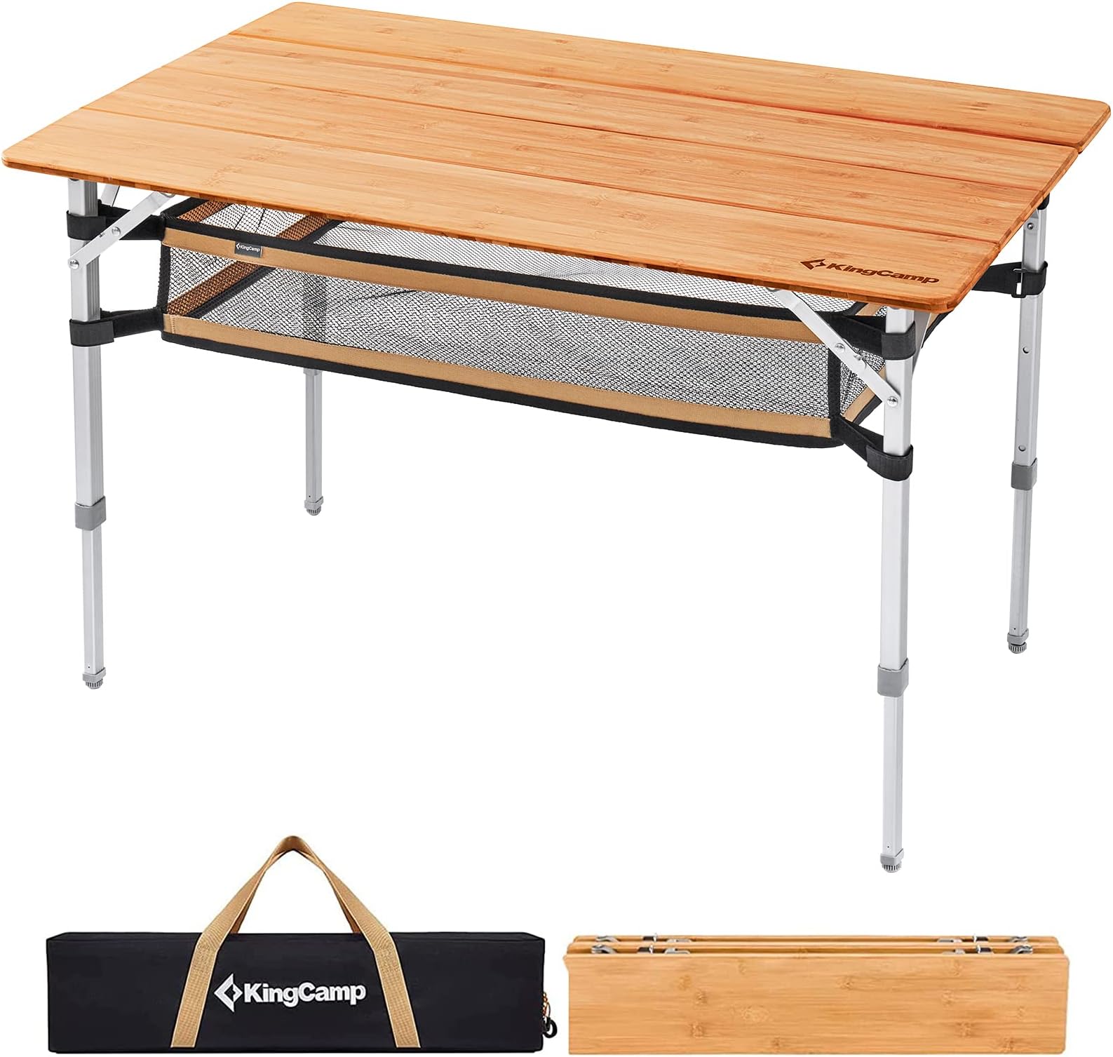 Bamboo Folding Camping Table Adjustable. Supports 176lbs with A Premium Bamboo Top and 3 Adjustable Heights, Ideal for Stable Dining or Cooking at Picnics, RVs, and Glamping Sites