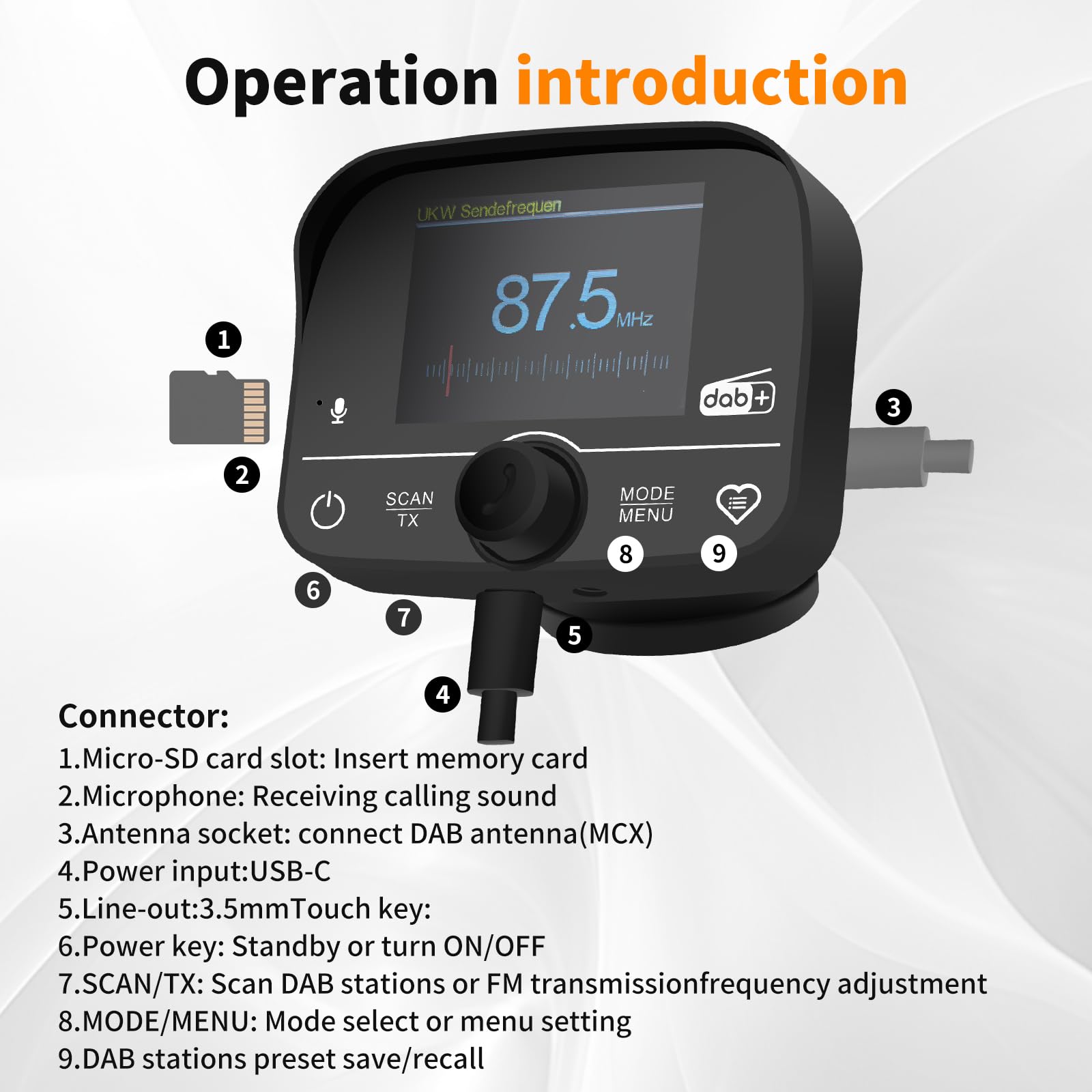 Adaptador Dab para Radio De Coche para Pantallas LCD De 2,4 Pulgadas, con Emisores FM Integrados, Bluetooth, Radiodifusión Digital Dab, Interfaz De Entrada/Salida Aux Y Reproductores De Tarjetas TF