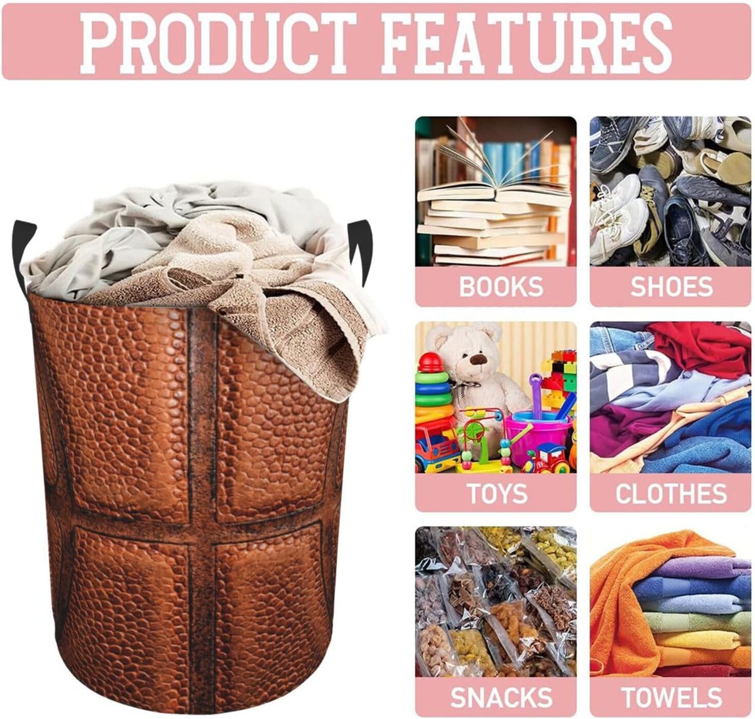 Basketball Texture Pattern Laundry Hamper Bag With Waterproof Liner - Sport Ball Round Laundry Basket Foldable Clothes Storage Organizer For Bathroom Bedroom Nursery Dorm, M-19.6"X 15.7"