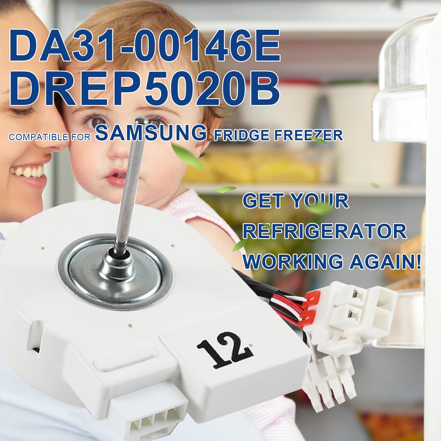 DA31-00146E DREP5020LB Refrigerator Evaporator Fan Motor Fit for Samsung Fridge Freezer, Replaces DA31-00146G 1486536 AP4136569 PS2495833 PS4138376, with Cable Connecting Wire, BLDC 12V