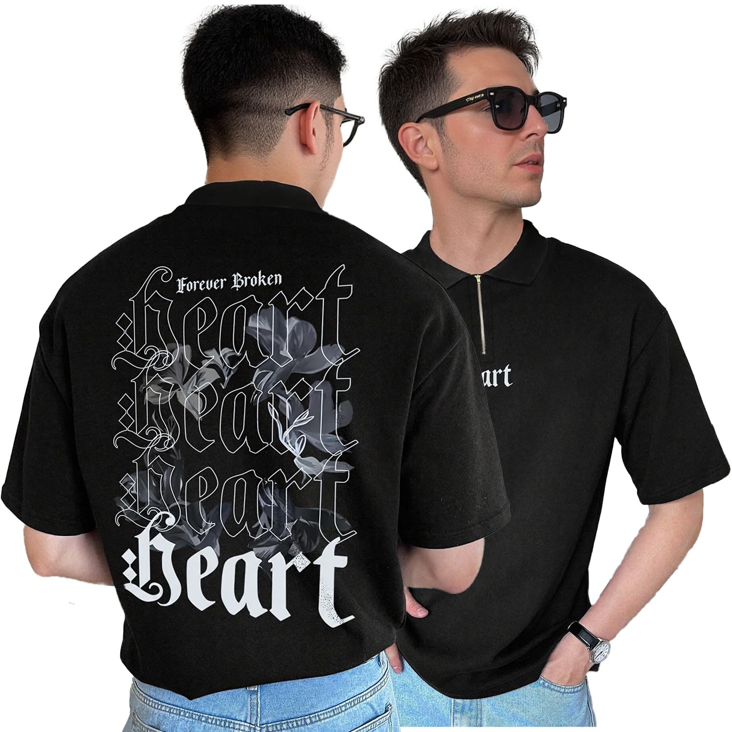 Jump Cuts Mens Printed Heart Polo Neck Half Zipper Half Sleeve Cotton Blend Black Tshirt