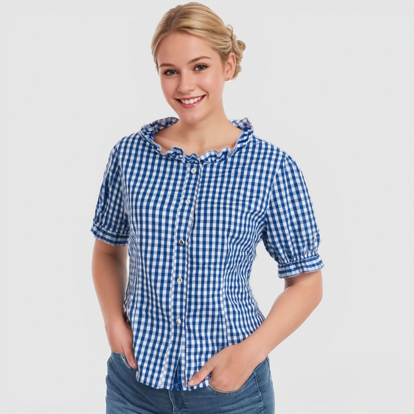 Stilvolle Damenhemden Oktoberfest kurzärmlig mit Spitzenbesatz kariertem Design vielseitige saisonale Kleidung