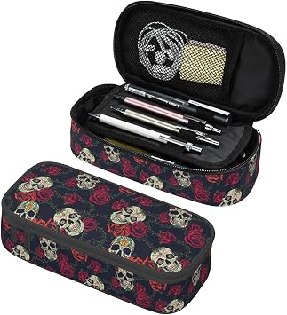 Rose Skull Elegant Pencil Case Organizer Big Capacity Pencil Pouch Stationery With Zipper School Supplies Pencil Bag For Girls Boys Office