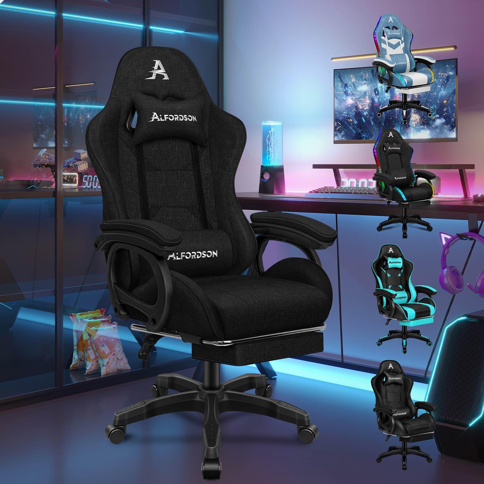 ALFORDSON Sedia da Gaming, Sedia da Corsa con Massaggio a 2 Punti per Gioco, Sedia da Computer ergonomica con Cuscino Lombare, Altezza Regolabile, Tessuto, Nero