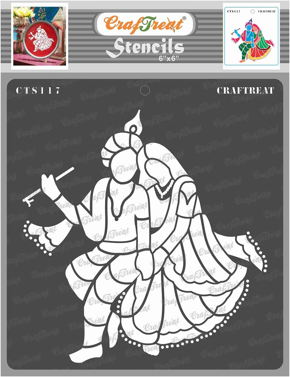 CrafTreat Reusable Indian God Stencils for Painting on Wood, Wall, Tile, Canvas, Paper, Fabric and Floor - Sitting Radha Krishna Stencil - 6x6 Inches - DIY Art and Craft Stencils - Hindu God Stencil