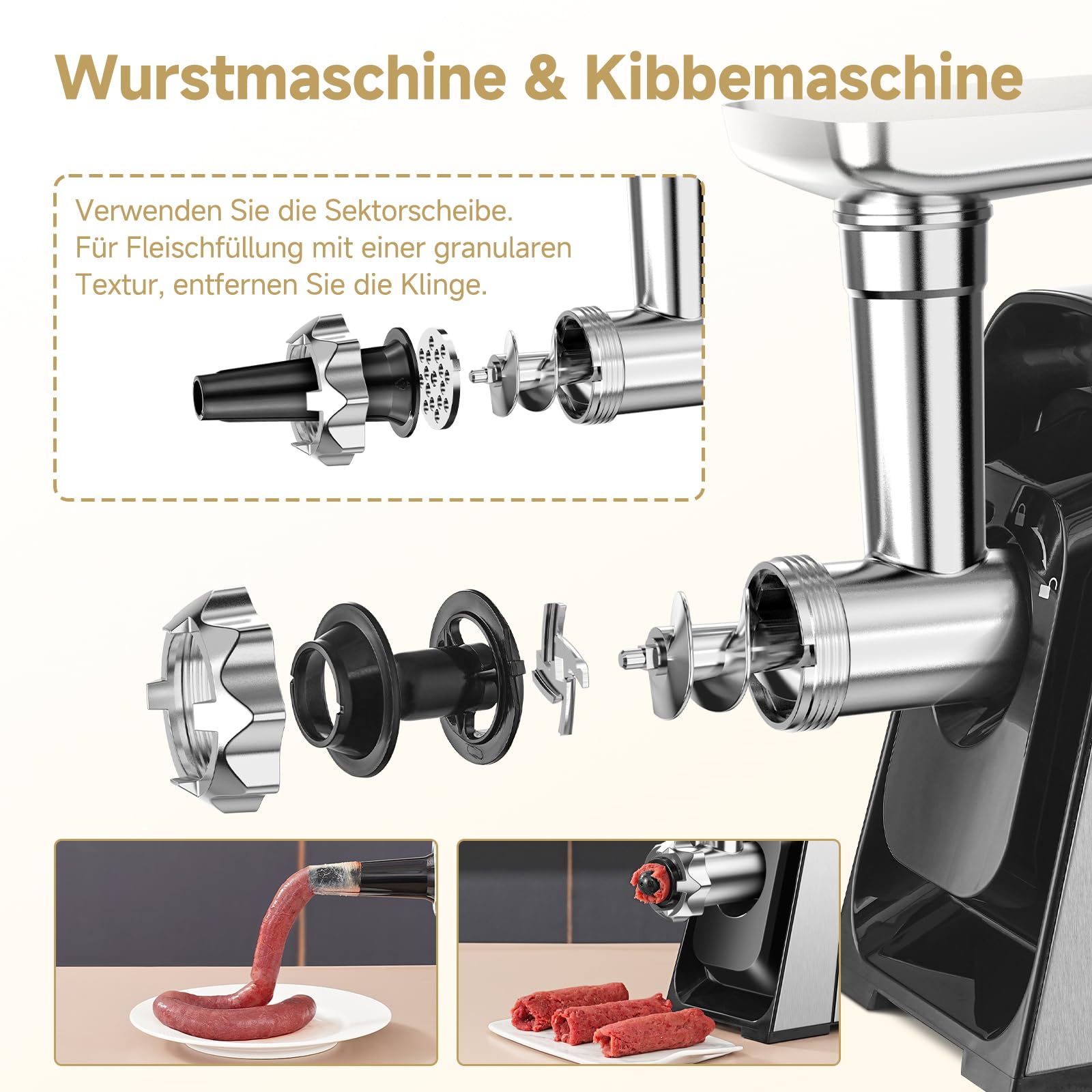 AAOBOSI Fleischwolf Elektrisch, 3-IN-1 [3000W Max] Multi Fleischwolf mit 3 Edelstahl-Schleifplatten, Kubbe & Wurstfüllrohren,Upgrade der Auto Rücklauffunktion - Edelstahl