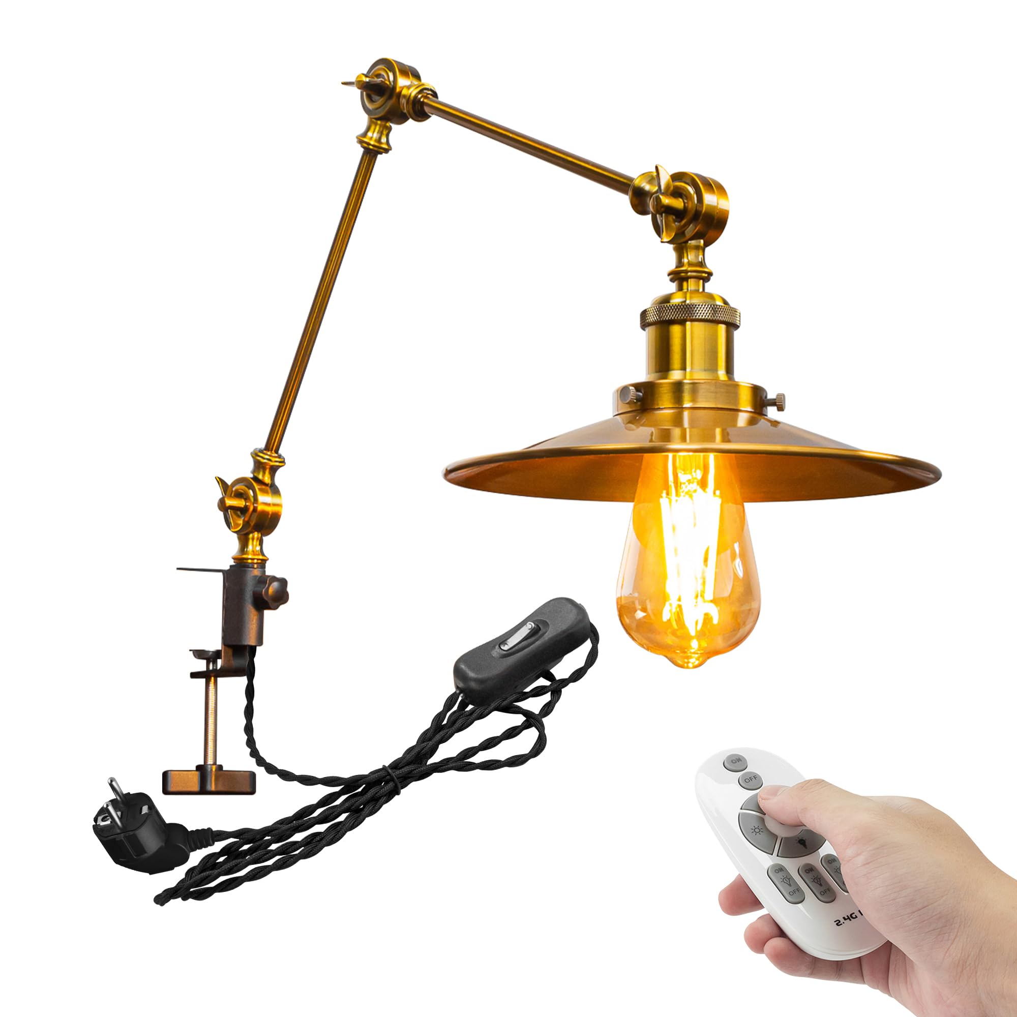 Retro Klemmleuchte mit Fernsteuerung,1 Packung Leselampe mit 2,5 m Kabel, Dimmbar Nachttischlampe,Augenpflege Schreibtischlampe für Büro Heimgebrauch, E27 Lampenhalterung - TB2773GL