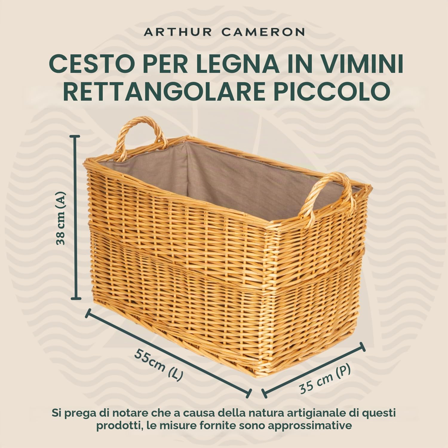 Arthur Cameron - Cesto in vimini naturale con fodera e manici (55 x 35 x 32 cm), robusto, perfetto per giocattoli, coperte, corridoio, garage, soggiorno, camera da letto o ufficio