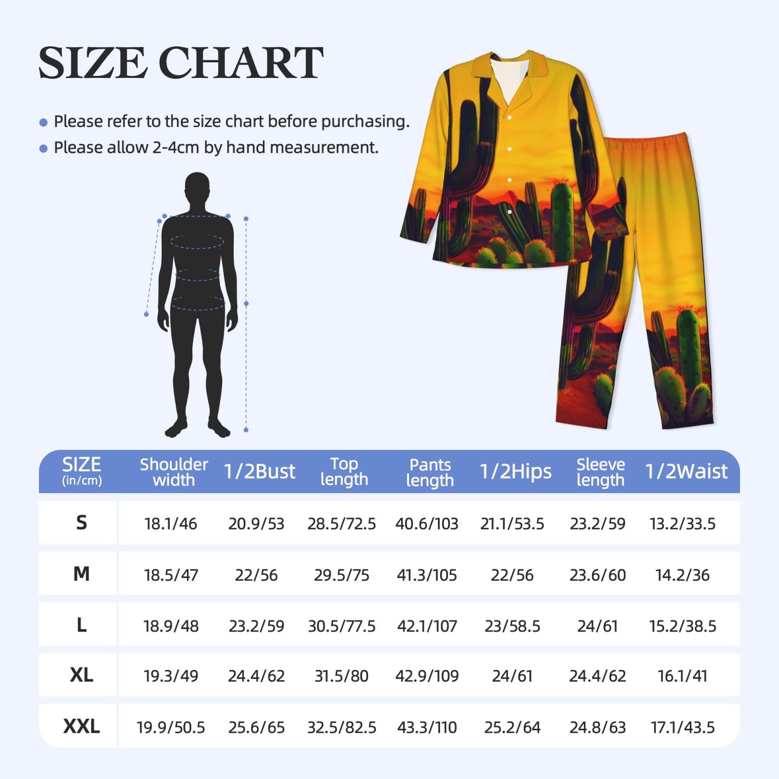 Herren-Pyjama-Set, langärmelig, Kaktus in Wüste, zweiteilig, bequem, Nachtwäsche
